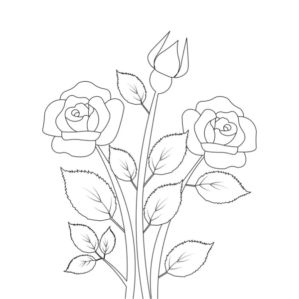 Rose Flower Coloring Page Template Kids Educational Print Element Design 矢量图形