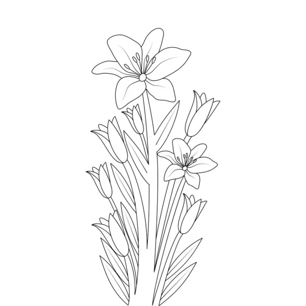 Lily Flower Line Art Drawing Continuous Pencil Artwork Kid Coloring — Vetor de Stock