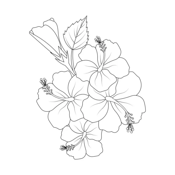 Гавайский Дизайн Векторной Линии Цветов Гибискуса Черно Белом Фоне Страницы — стоковый вектор