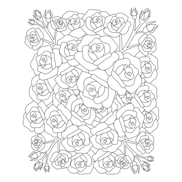 Roses Flower Doodle Repeat Pattern Line Art Coloring Page Drawing — ストックベクタ