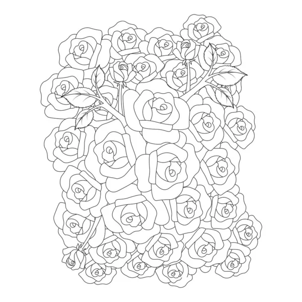 Roses Flower Doodle Repeat Pattern Line Art Coloring Page Drawing — 스톡 벡터