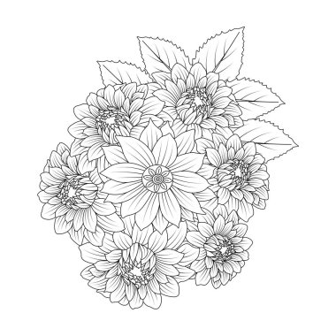 dahlia flower illustration with pencil stroke in doodle art design of coloring page design