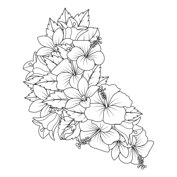 Hibiscus Flower Doodle Art Design Coloring Page Detailed Line Art — Vetor de Stock