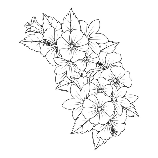 Hibiscus Flower Doodle Art Design Coloring Page Detailed Line Art — Wektor stockowy