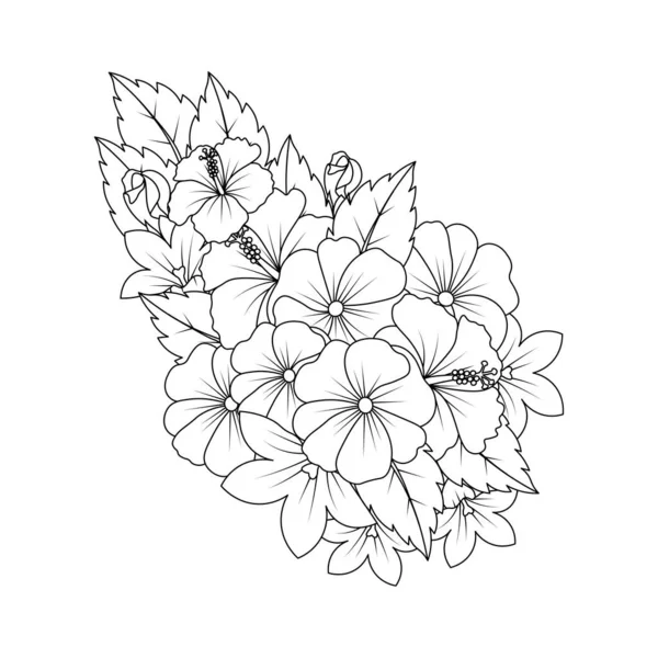 Hibiscus Flower Doodle Art Design Coloring Page Detailed Line Art — Stok Vektör
