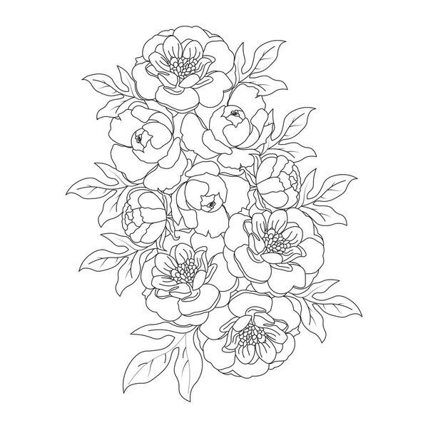 beautiful flowers coloring page with pencil sketch drawing detailed in vector graphic of line art