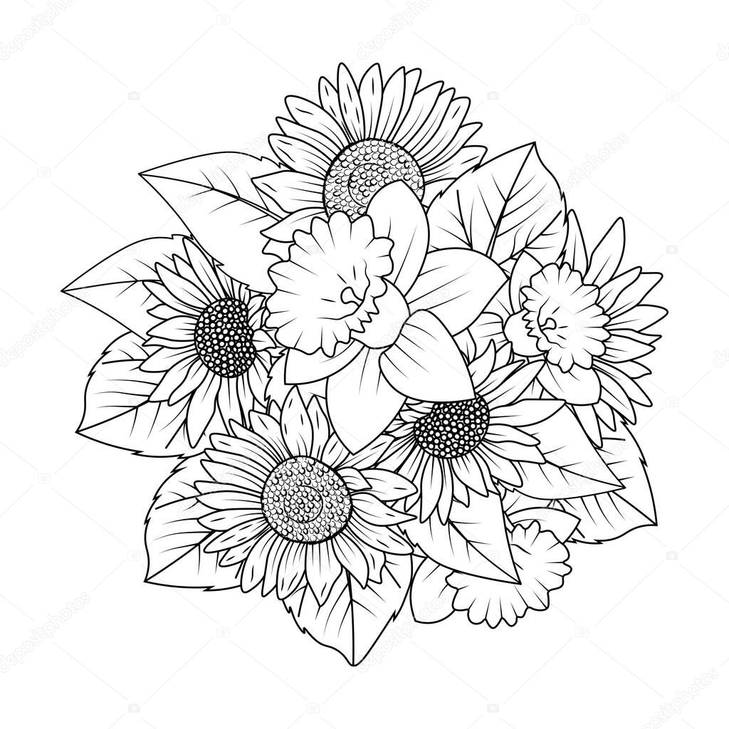 sunflower and daffodil flower outline vector of doodle style line art coloring page design
