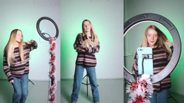 Seorang gadis dengan rambut putih cantik menembak video untuk media sosial. Layar dibagi menjadi tiga bagian. Gadis menari untuk kamera.. — Stok Video