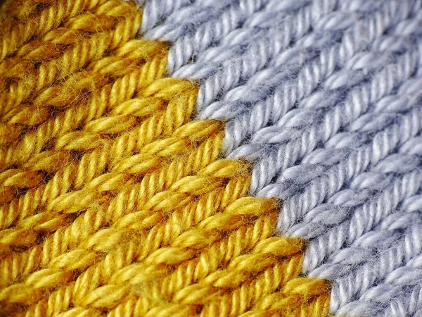 Macro Yellow Gray Handmade Cotton Knitted Pattern — Stock Photo, Image