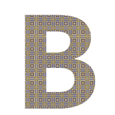 Alfabenin B harfi mor, sarı ve mavi renkte küçük kareleri olan beyaz bir arkaplanda izole edilmiş bir desenden yapılmıştır.
