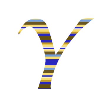 Alfabenin Y harfi sarı, okher, kahverengi, mavi ve beyaz çizgili, beyaz arkaplanda izole edilmiş.