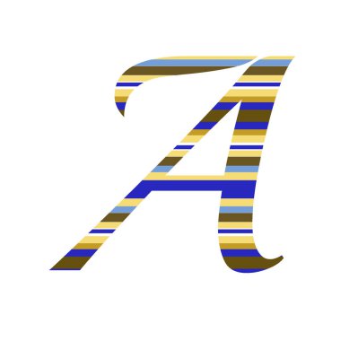 Alfabenin A harfi sarı, okher, kahverengi, mavi ve beyaz çizgili, beyaz arkaplanda izole edilmiş.