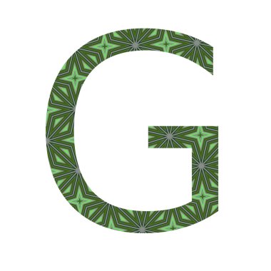 Alfabedeki G harfi, beyaz arkaplanda izole edilmiş yeşil yıldız desenli.