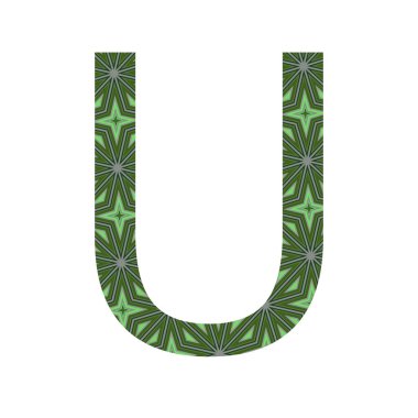 Alfabenin U harfi, beyaz arkaplanda izole edilmiş yeşil yıldızlardan oluşan bir desen ile yapıldı.