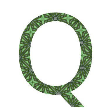 Beyaz arka planda izole edilmiş yeşil yıldızların oluşturduğu alfabenin Q harfi