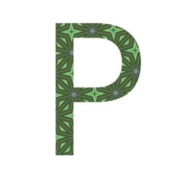 Alfabedeki P harfi, beyaz arkaplanda izole edilmiş yeşil yıldız desenli.