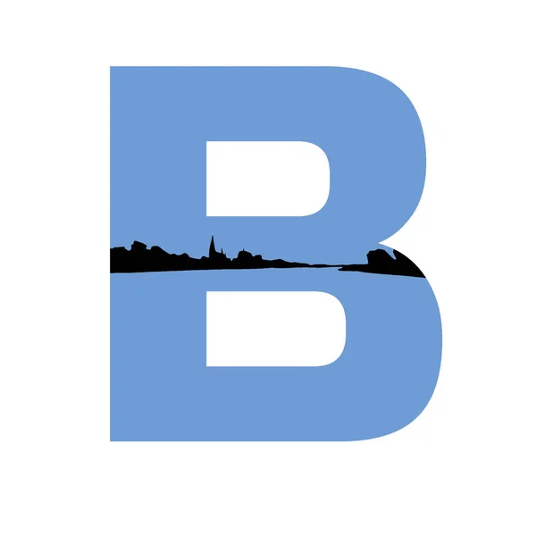字母B 蓝色背景和村庄的轮廓 用白色背景隔开 — 图库照片
