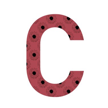 Alfabenin C harfi, beyaz arka planda izole edilmiş koyu pembe arkaplanlı ayçiçeği desenli.