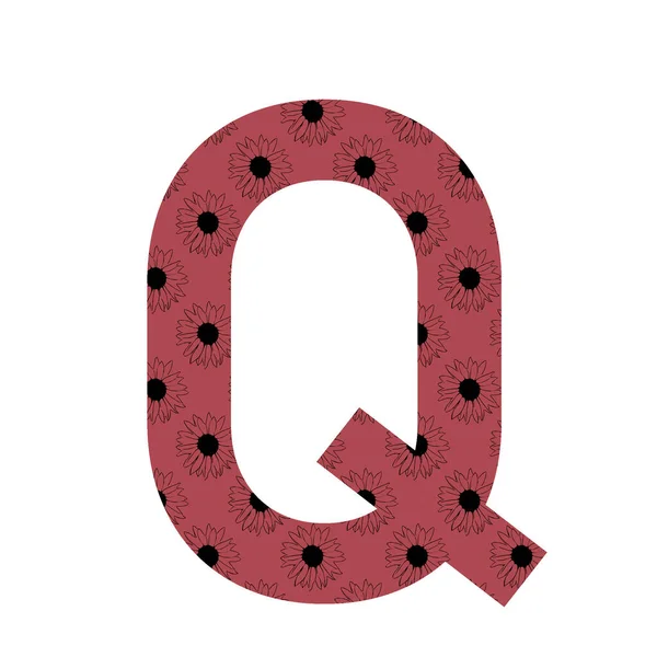 字母Q的字母Q 用暗红色背景的向日葵图案制成 用白色背景隔开 — 图库照片