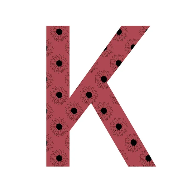 字母K的字母K 用暗红色背景的向日葵图案制成 用白色背景隔开 — 图库照片