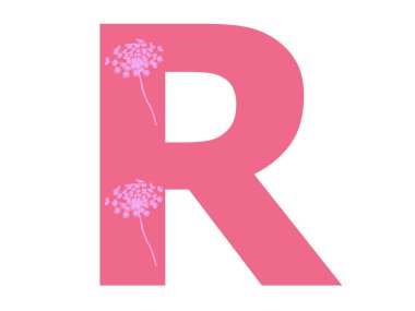Alfabedeki R harfi pembe çiçek siluetiyle koyu pembe arkaplanlı, harf beyaz arkaplanda izole edilmiş.