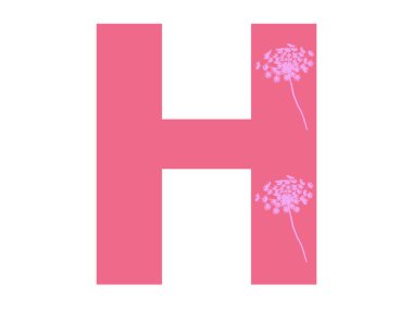 Alfabedeki H harfi pembe çiçek siluetiyle koyu pembe arkaplanlı, harf beyaz arkaplanda izole edilmiş.