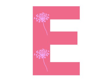 Alfabedeki E harfi pembe çiçek siluetiyle koyu pembe arkaplanlı, harf beyaz arkaplanda izole edilmiş.