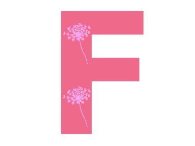 Alfabenin F harfi, pembe çiçek siluetiyle koyu pembe arkaplanlı, harf beyaz arkaplanda izole edilmiş.