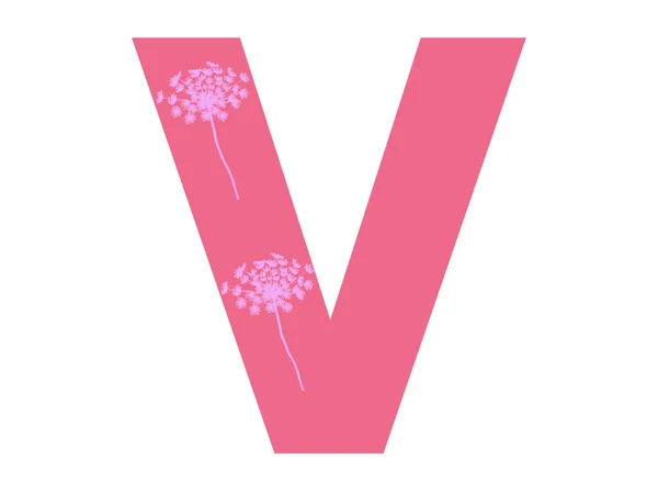 字母V的字母是用粉红色的花做的 背景是深红色的 字母V在白色的背景上是孤立的 — 图库照片