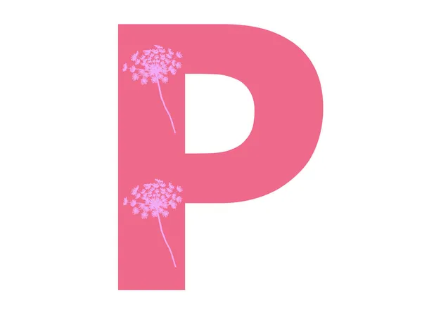 濃いピンクの背景にピンクの花のシルエットで作られたアルファベットの文字Pは 手紙は白い背景に隔離されています — ストック写真