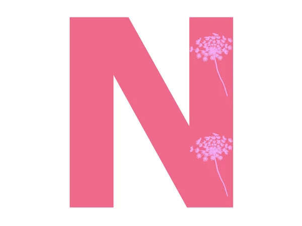 濃いピンクの背景にピンクの花のシルエットで作られたアルファベットの文字Nは 文字が白い背景に隔離されています — ストック写真