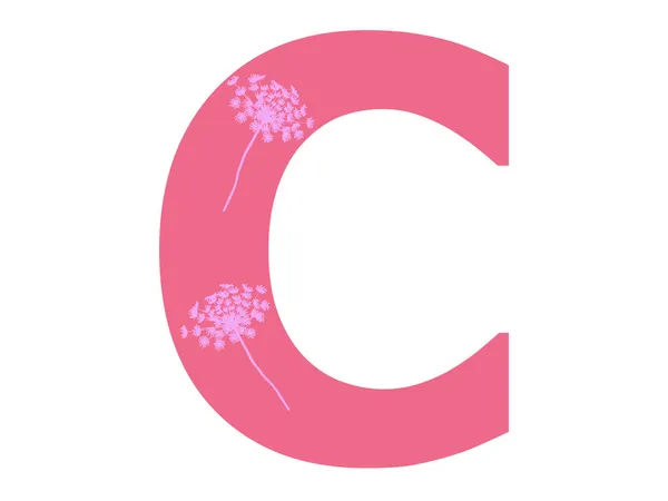 C字母表上的字母C是用粉红色的花做的 背景是深红色的 字母在白色的背景上是孤立的 — 图库照片