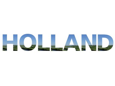 Hollanda (metin) peyzaj çimleri, akarsu ve beyaz bir zemin üzerinde izole mavi gökyüzü ile alfabenin harfleri ile yapılır