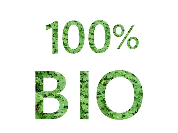 100 Bio Tekst Gemaakt Met Groene Letters Van Geranium Geïsoleerd — Stockfoto