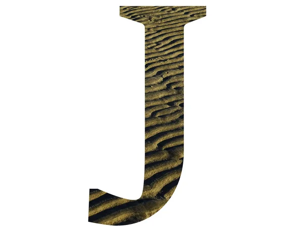ビーチからの尾根で作られたアルファベットの文字J 色黄色と茶色 白い背景に隔離された — ストック写真