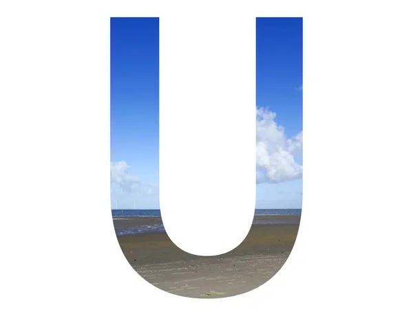 Буква Алфавита Выполнена Пляжем Морем Голубым Небом Северное Море Нидерланды — стоковое фото
