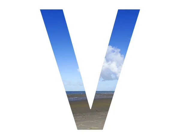 荷兰北海 用海滩 大海和蓝天拼成的字母V 以白色背景隔开 — 图库照片
