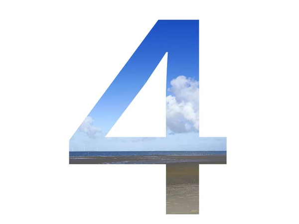 荷兰北海 用海滩 大海和蓝天拼成的字母表中的第4号 以白色背景隔开 — 图库照片
