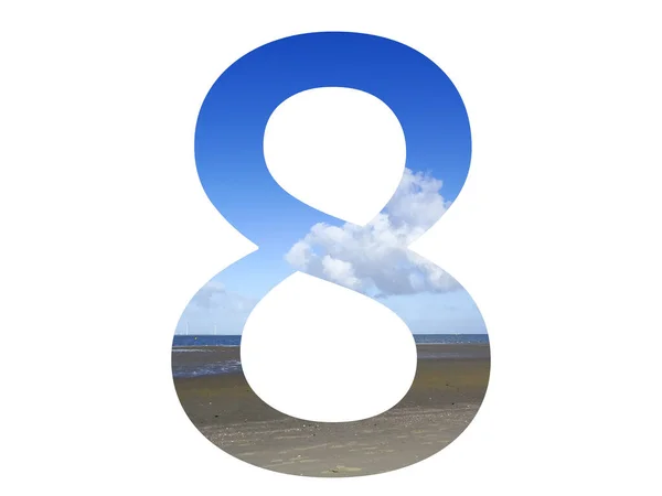 Numer Alfabetu Wykonanego Plaży Morza Błękitnego Nieba Północne Morze Holandia — Zdjęcie stockowe