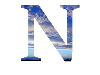 Alfabenin N harfi bulutlu mavi bir gökyüzü ve siyah bir ufuk ile yapılmıştır.