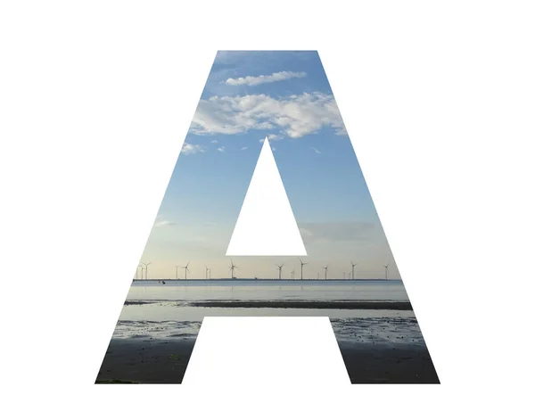 Letter Alphabet Made Water Beach Sky Row Windmills Colors Blue — Stock Photo, Image