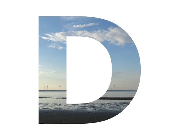 Буква Алфавита Сделаны Водой Пляж Небо Ряд Ветряных Мельниц Цветами — стоковое фото