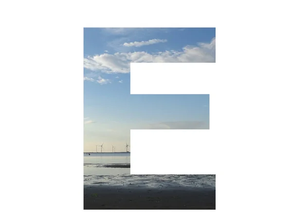 Letter Alphabet Made Water Beach Sky Row Windmills Colors Blue — 스톡 사진