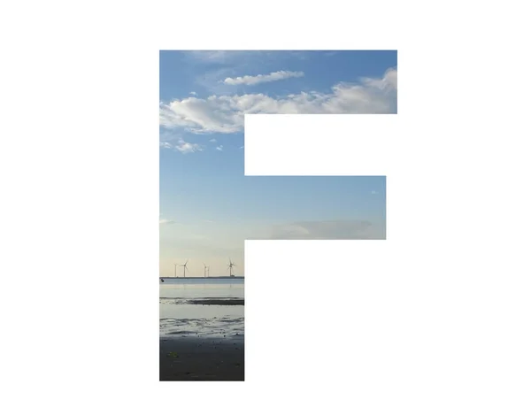Letter Alphabet Made Water Beach Sky Row Windmills Colors Blue — Φωτογραφία Αρχείου