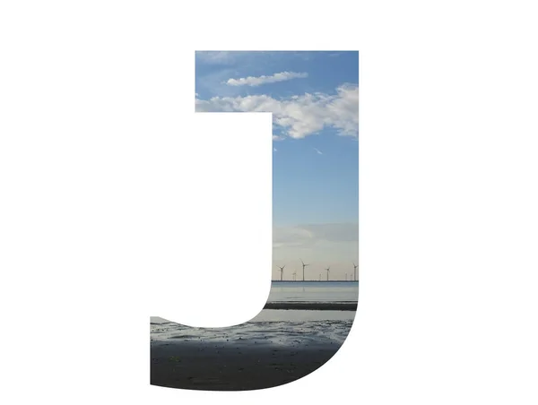 Letter Alphabet Made Water Beach Sky Row Windmills Colors Blue — 图库照片