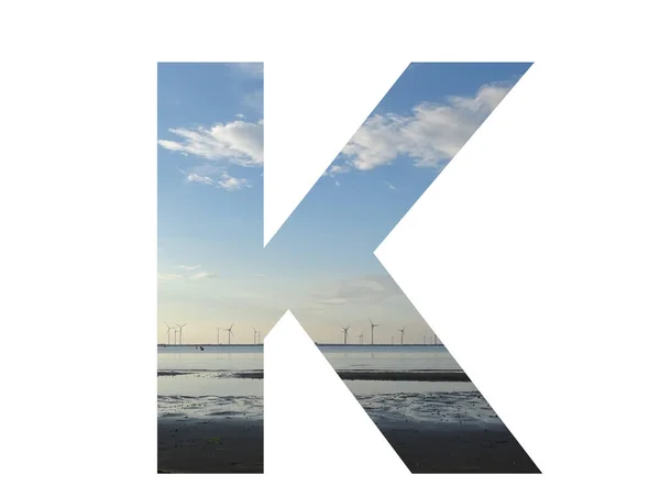 Letter Alphabet Made Water Beach Sky Row Windmills Colors Blue — ストック写真
