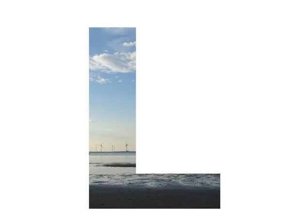 Letter Alphabet Made Water Beach Sky Row Windmills Colors Blue — Stok Foto