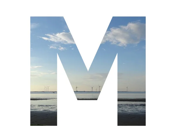 Letter Alphabet Made Water Beach Sky Row Windmills Colors Blue — Stok fotoğraf