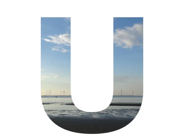 Letter Alphabet Made Water Beach Sky Row Windmills Colors Blue — Fotografia de Stock