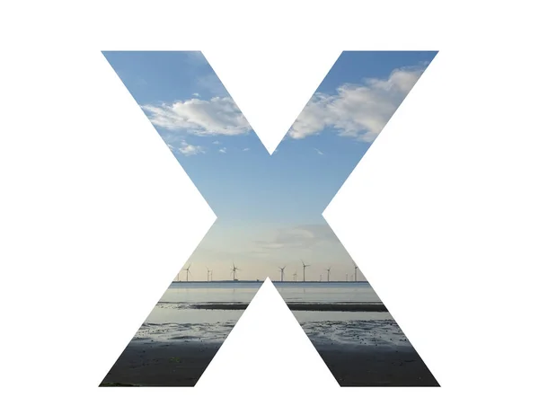 Letter Alphabet Made Water Beach Sky Row Windmills Colors Blue — Foto de Stock